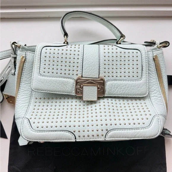 Rebecca Minkoff Studded Leather Crossbody Satchel Bag Mint Blue - Picture 9 of 13